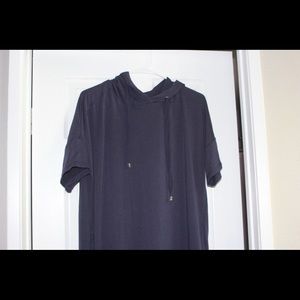 Navy blue T-shirt dress with hoodie and pockets